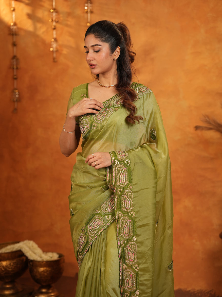 Olive Green Fendy Satin Embroidered Saree with Geometric Border & Designer Pallu | Festive & Wedding Wear Saree with Blouse