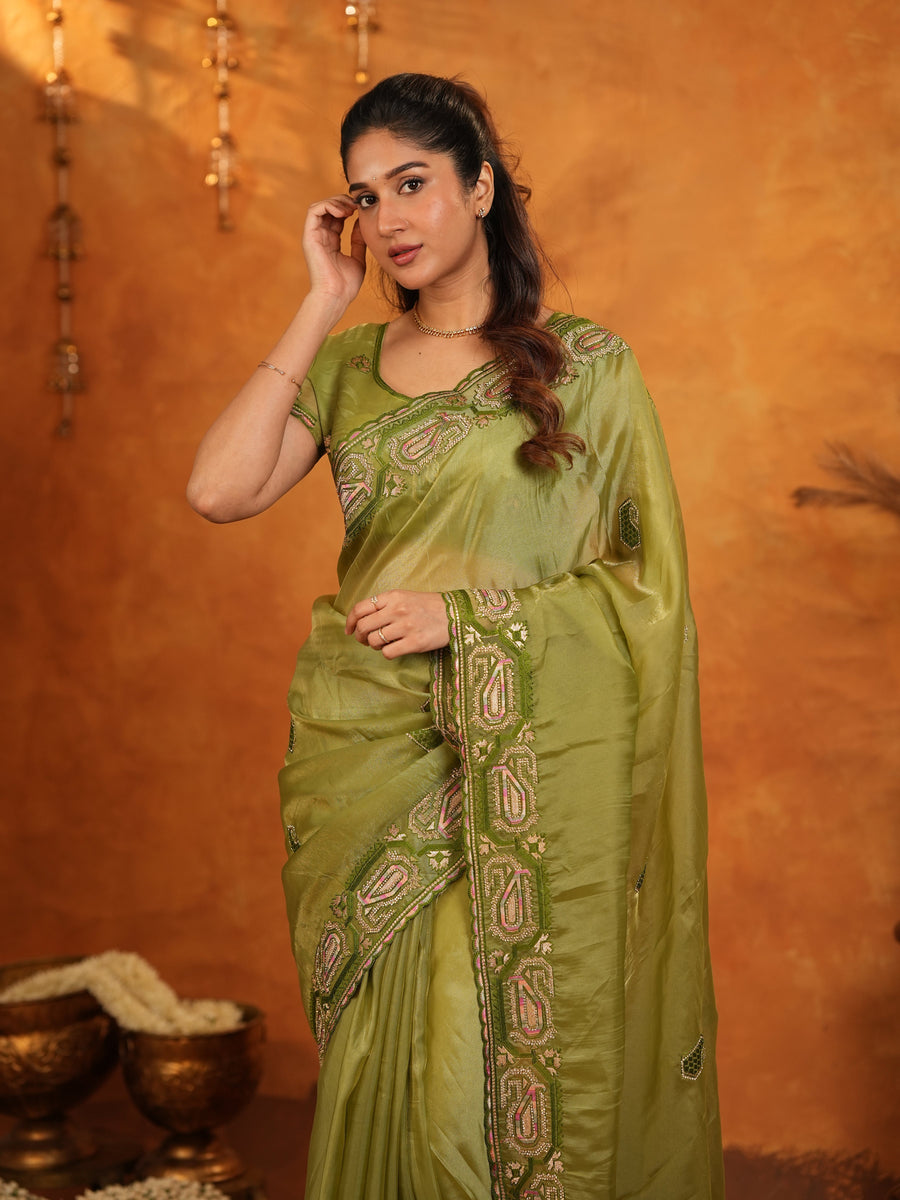 Olive Green Fendy Satin Embroidered Saree with Geometric Border & Designer Pallu | Festive & Wedding Wear Saree with Blouse