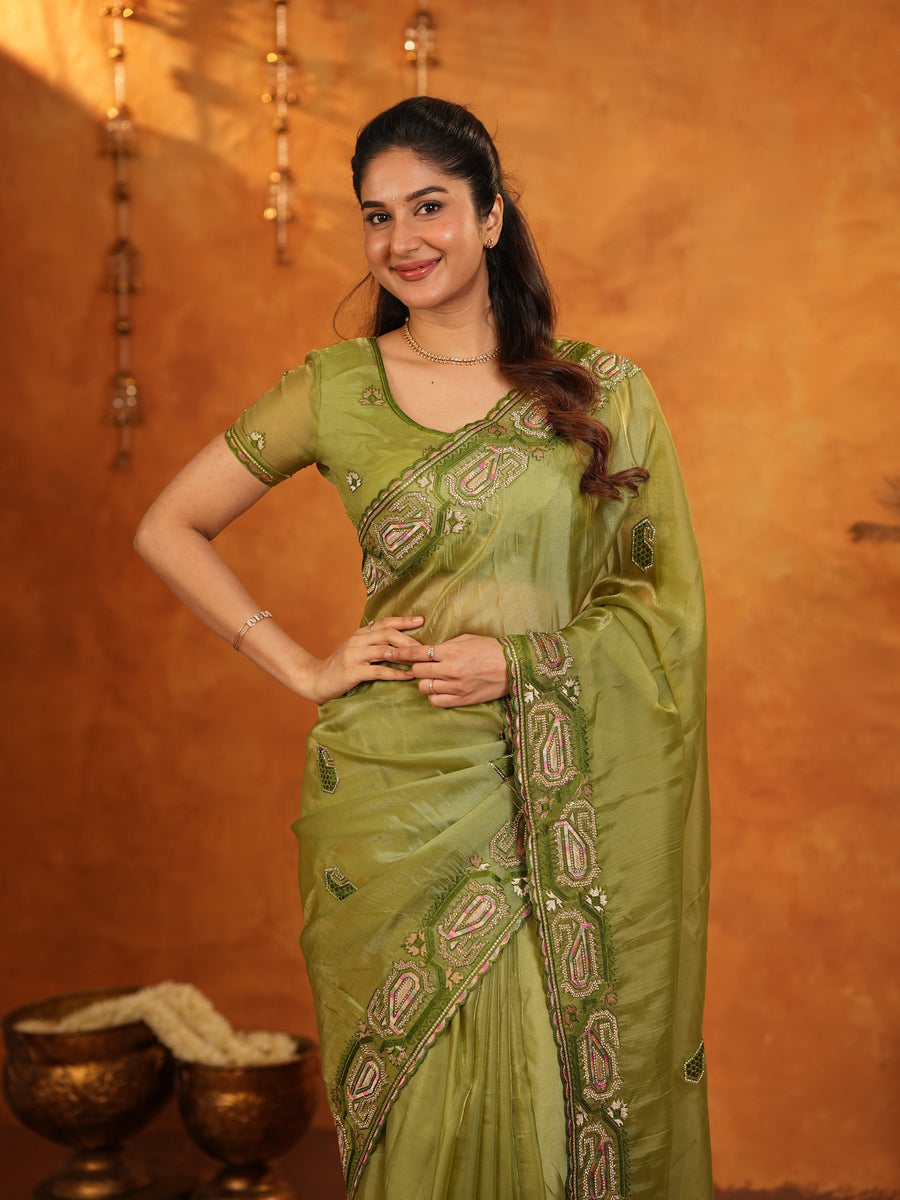 Olive Green Fendy Satin Embroidered Saree with Geometric Border & Designer Pallu | Festive & Wedding Wear Saree with Blouse