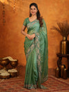 Sage Green Fendy Satin Embroidered Saree with Geometric Border & Designer Pallu | Festive & Wedding Wear Saree with Blouse