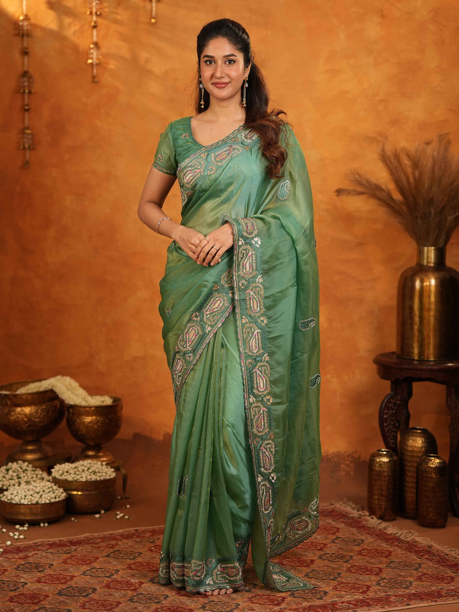 Sage Green Fendy Satin Embroidered Saree with Geometric Border & Designer Pallu | Festive & Wedding Wear Saree with Blouse
