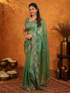 Sage Green Fendy Satin Embroidered Saree with Geometric Border & Designer Pallu | Festive & Wedding Wear Saree with Blouse