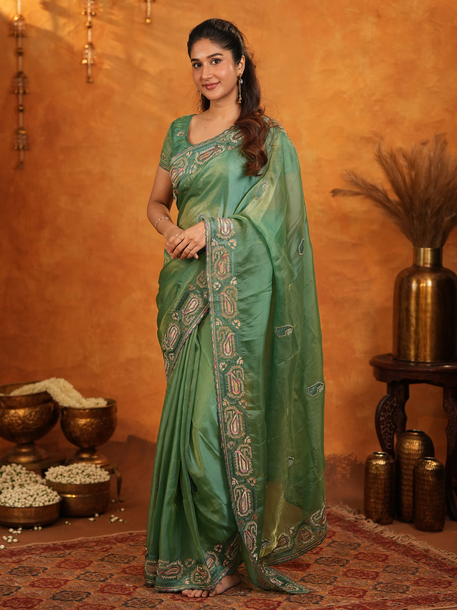 Sage Green Fendy Satin Embroidered Saree with Geometric Border & Designer Pallu | Festive & Wedding Wear Saree with Blouse