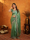 Sage Green Fendy Satin Embroidered Saree with Geometric Border & Designer Pallu | Festive & Wedding Wear Saree with Blouse