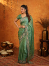 Sage Green Fendy Satin Embroidered Saree with Geometric Border & Designer Pallu | Festive & Wedding Wear Saree with Blouse