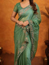 Sage Green Fendy Satin Embroidered Saree with Geometric Border & Designer Pallu | Festive & Wedding Wear Saree with Blouse
