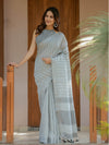 Ash Grey Handloom Cotton Saree with Minimal Striped Weaving & Tassel Detailing