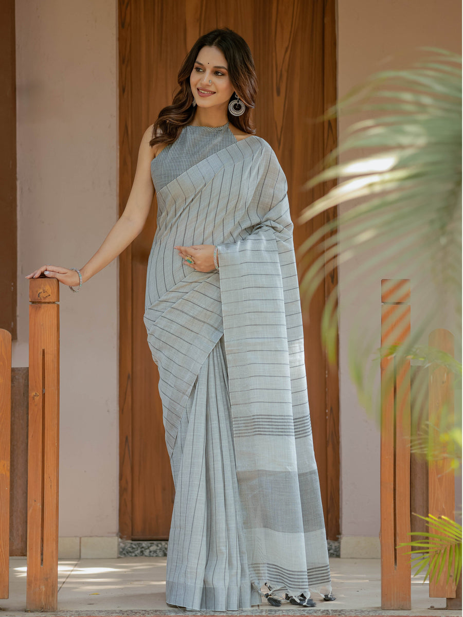Ash Grey Handloom Cotton Saree with Minimal Striped Weaving & Tassel Detailing