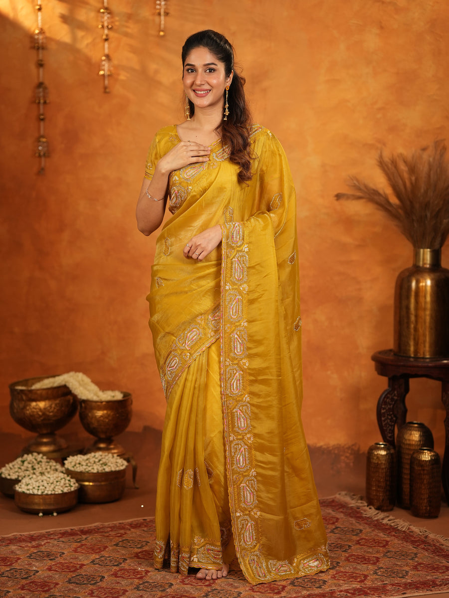 Mustard Yellow Fendy Satin Embroidered Saree with Geometric Border & Rich Designer Pallu | Festive Wedding Wear Saree with Blouse