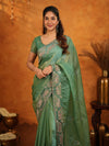 Sage Green Fendy Satin Embroidered Saree with Geometric Border & Designer Pallu | Festive & Wedding Wear Saree with Blouse