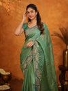 Sage Green Fendy Satin Embroidered Saree with Geometric Border & Designer Pallu | Festive & Wedding Wear Saree with Blouse