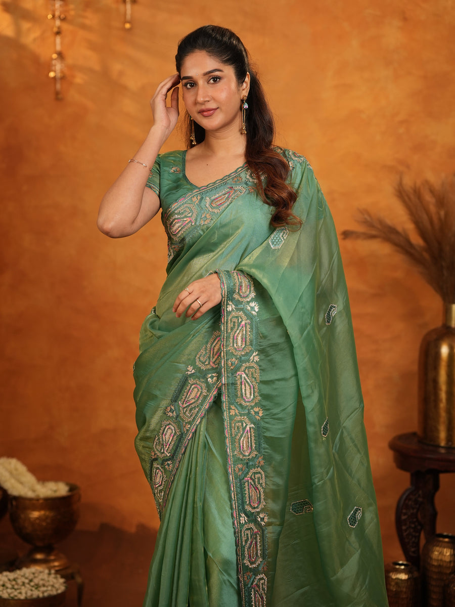 Sage Green Fendy Satin Embroidered Saree with Geometric Border & Designer Pallu | Festive & Wedding Wear Saree with Blouse