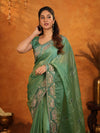 Sage Green Fendy Satin Embroidered Saree with Geometric Border & Designer Pallu | Festive & Wedding Wear Saree with Blouse