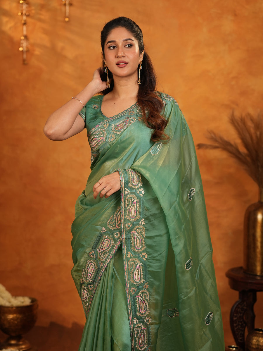 Sage Green Fendy Satin Embroidered Saree with Geometric Border & Designer Pallu | Festive & Wedding Wear Saree with Blouse