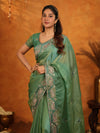 Sage Green Fendy Satin Embroidered Saree with Geometric Border & Designer Pallu | Festive & Wedding Wear Saree with Blouse