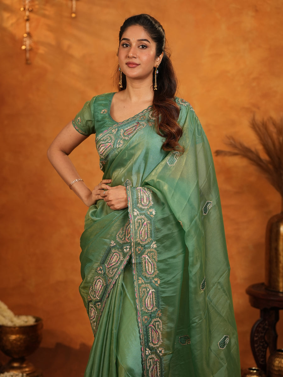 Sage Green Fendy Satin Embroidered Saree with Geometric Border & Designer Pallu | Festive & Wedding Wear Saree with Blouse