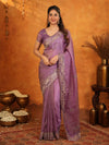 Lavender Purple Fendy Satin Embroidered Saree with Geometric Border & Designer Pallu | Festive & Wedding Wear Saree with Blouse