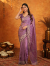Lavender Purple Fendy Satin Embroidered Saree with Geometric Border & Designer Pallu | Festive & Wedding Wear Saree with Blouse