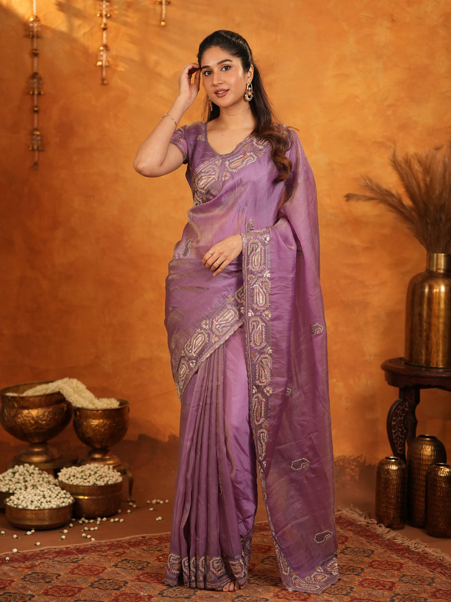 Lavender Purple Fendy Satin Embroidered Saree with Geometric Border & Designer Pallu | Festive & Wedding Wear Saree with Blouse