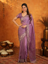 Lavender Purple Fendy Satin Embroidered Saree with Geometric Border & Designer Pallu | Festive & Wedding Wear Saree with Blouse