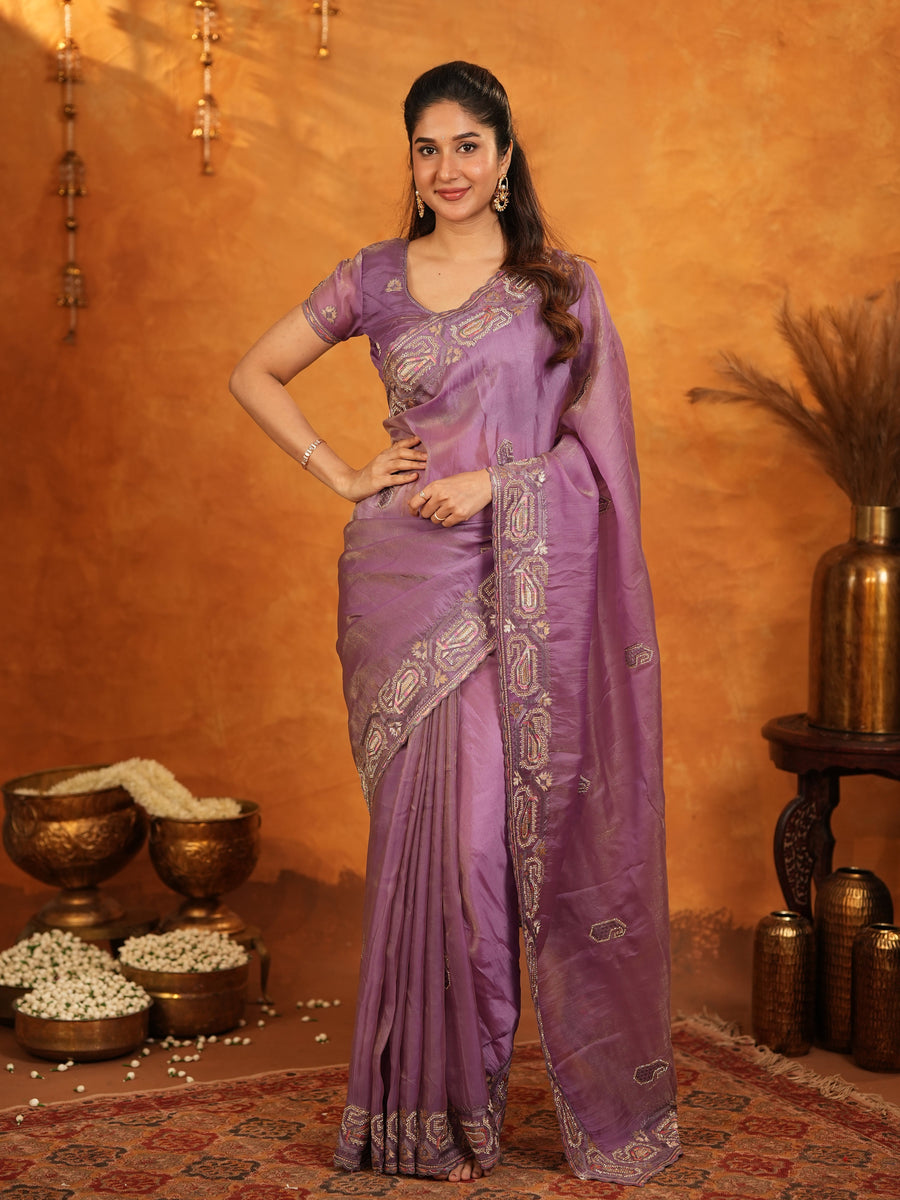 Lavender Purple Fendy Satin Embroidered Saree with Geometric Border & Designer Pallu | Festive & Wedding Wear Saree with Blouse