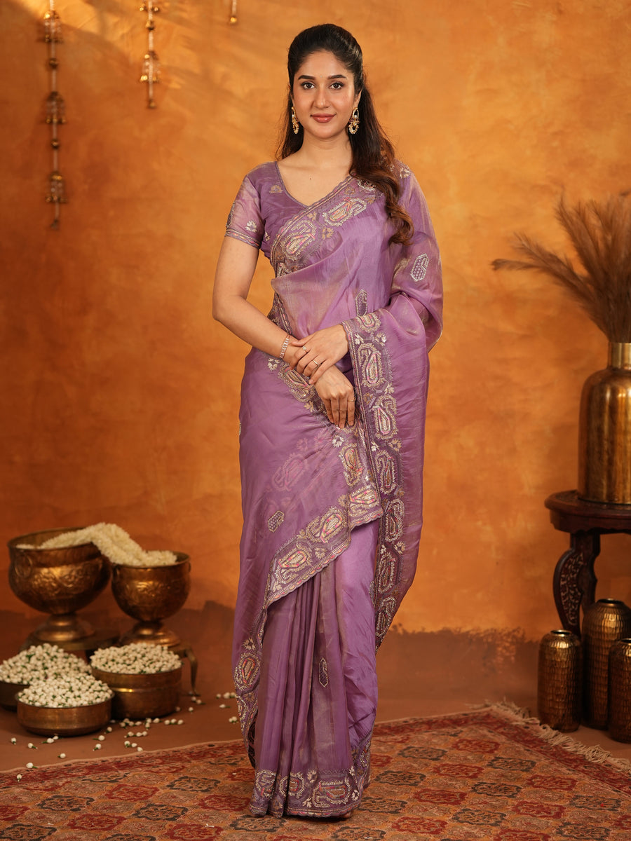 Lavender Purple Fendy Satin Embroidered Saree with Geometric Border & Designer Pallu | Festive & Wedding Wear Saree with Blouse