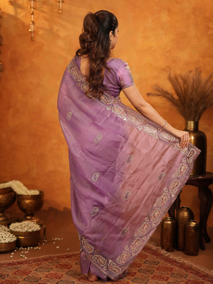 Lavender Purple Fendy Satin Embroidered Saree with Geometric Border & Designer Pallu | Festive & Wedding Wear Saree with Blouse