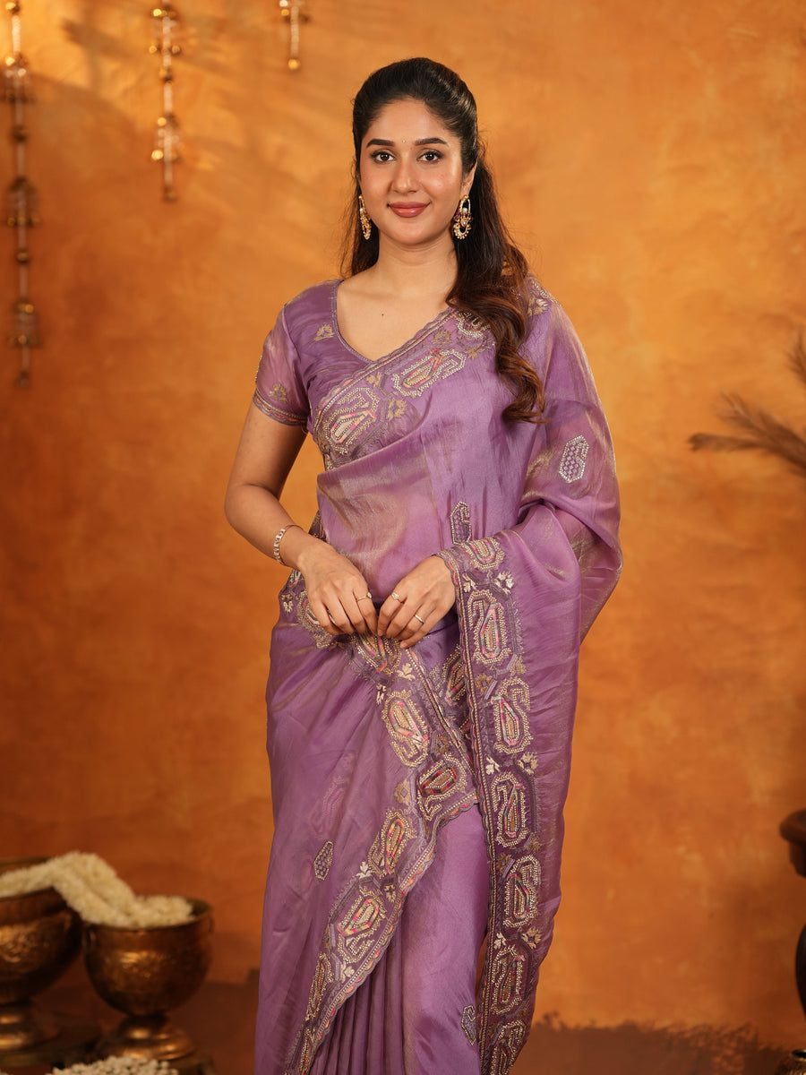 Lavender Purple Fendy Satin Embroidered Saree with Geometric Border & Designer Pallu | Festive & Wedding Wear Saree with Blouse