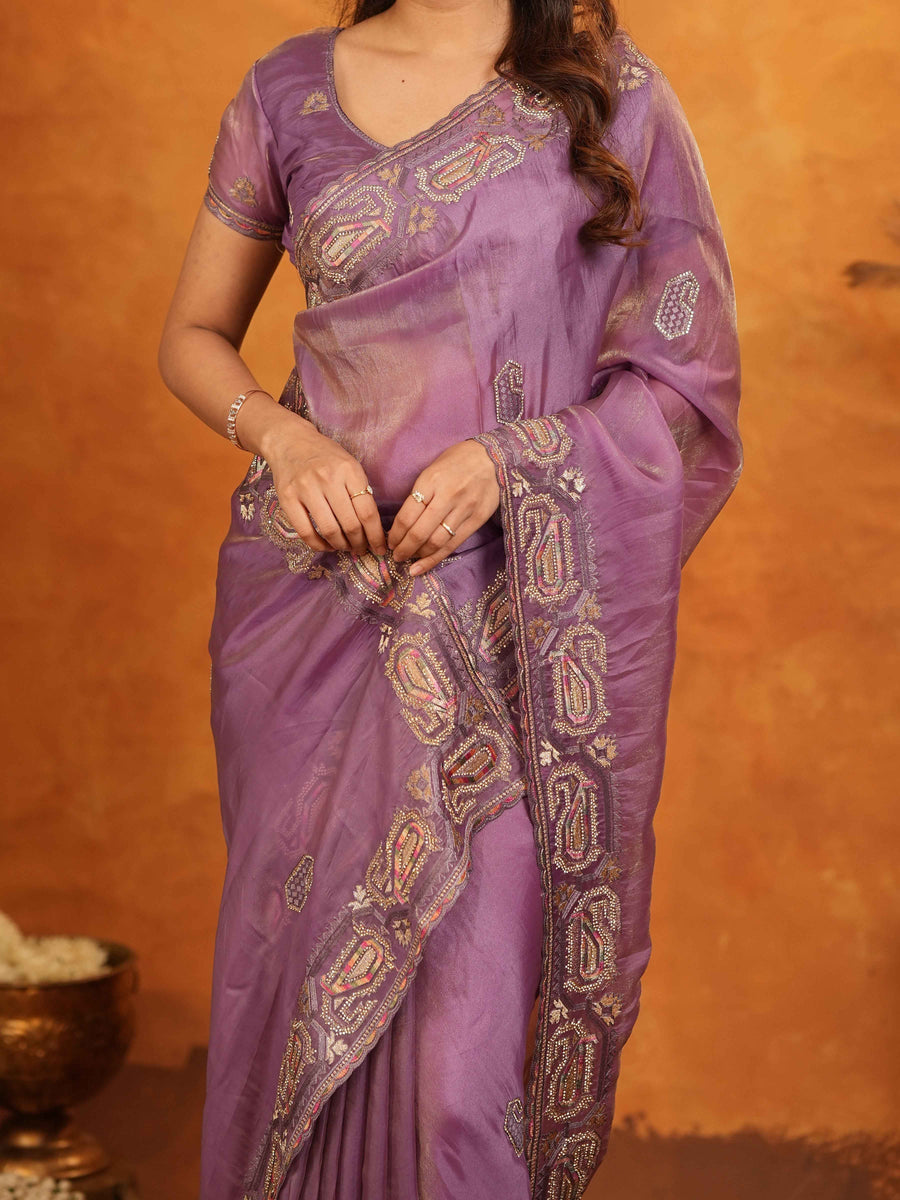 Lavender Purple Fendy Satin Embroidered Saree with Geometric Border & Designer Pallu | Festive & Wedding Wear Saree with Blouse
