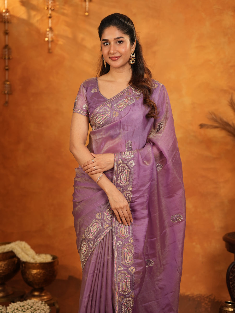 Lavender Purple Fendy Satin Embroidered Saree with Geometric Border & Designer Pallu | Festive & Wedding Wear Saree with Blouse
