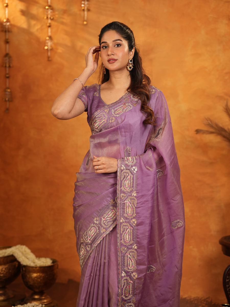 Lavender Purple Fendy Satin Embroidered Saree with Geometric Border & Designer Pallu | Festive & Wedding Wear Saree with Blouse