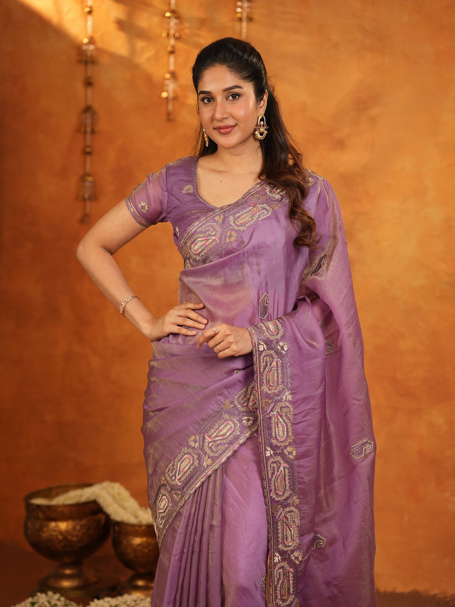 Lavender Purple Fendy Satin Embroidered Saree with Geometric Border & Designer Pallu | Festive & Wedding Wear Saree with Blouse