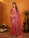 Rose Pink Fendy Satin Embroidered Saree with Geometric Border & Designer Pallu | Festive & Wedding Wear Saree with Blouse