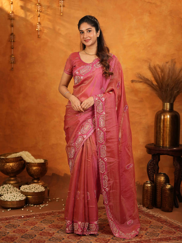 Rose Pink Fendy Satin Embroidered Saree with Geometric Border & Designer Pallu | Festive & Wedding Wear Saree with Blouse