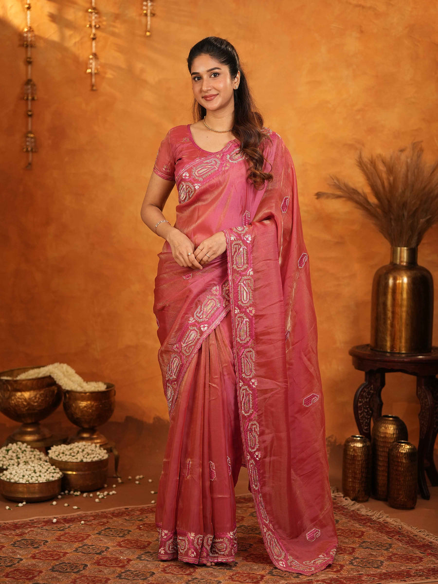 Rose Pink Fendy Satin Embroidered Saree with Geometric Border & Designer Pallu | Festive & Wedding Wear Saree with Blouse