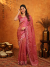 Rose Pink Fendy Satin Embroidered Saree with Geometric Border & Designer Pallu | Festive & Wedding Wear Saree with Blouse