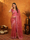 Rose Pink Fendy Satin Embroidered Saree with Geometric Border & Designer Pallu | Festive & Wedding Wear Saree with Blouse