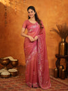 Rose Pink Fendy Satin Embroidered Saree with Geometric Border & Designer Pallu | Festive & Wedding Wear Saree with Blouse