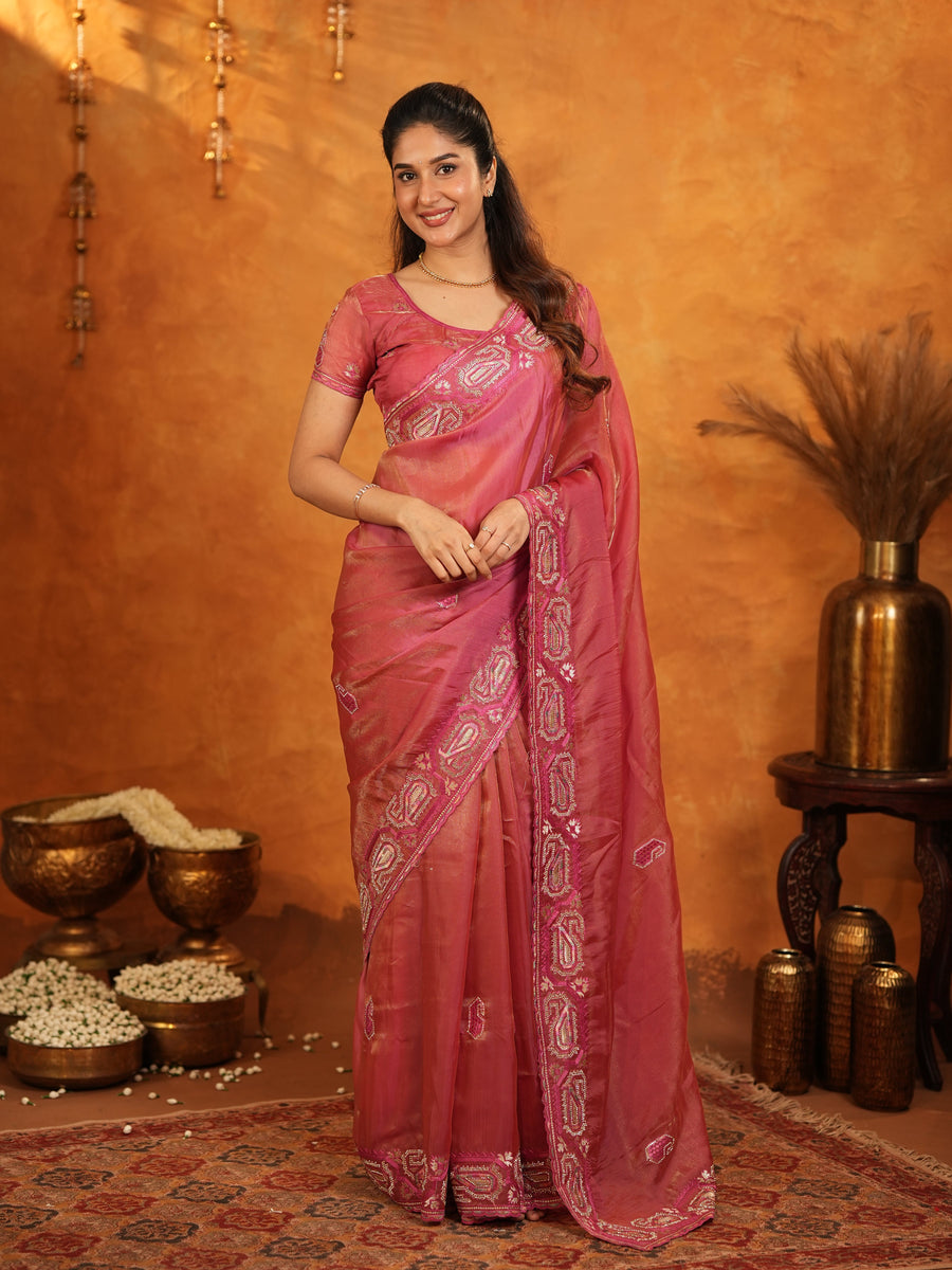 Rose Pink Fendy Satin Embroidered Saree with Geometric Border & Designer Pallu | Festive & Wedding Wear Saree with Blouse