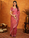 Rose Pink Fendy Satin Embroidered Saree with Geometric Border & Designer Pallu | Festive & Wedding Wear Saree with Blouse