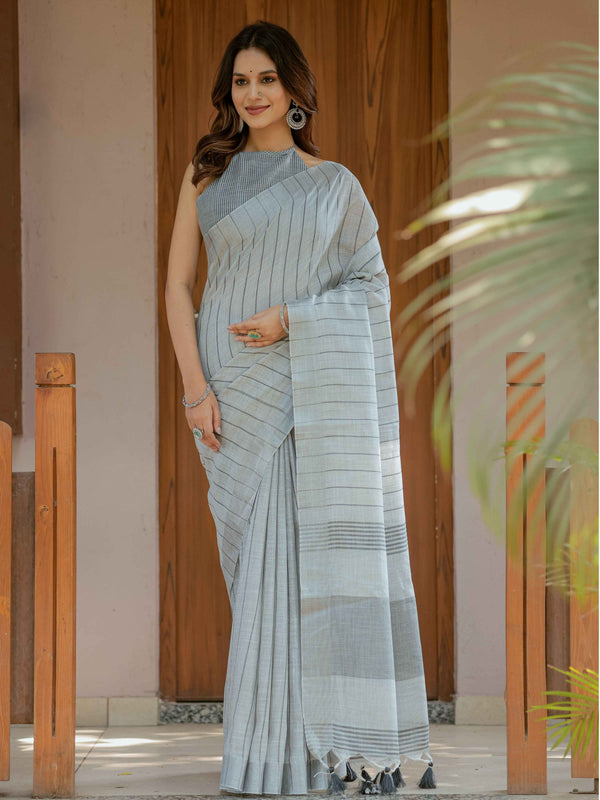 Ash Grey Handloom Cotton Saree with Minimal Striped Weaving & Tassel Detailing