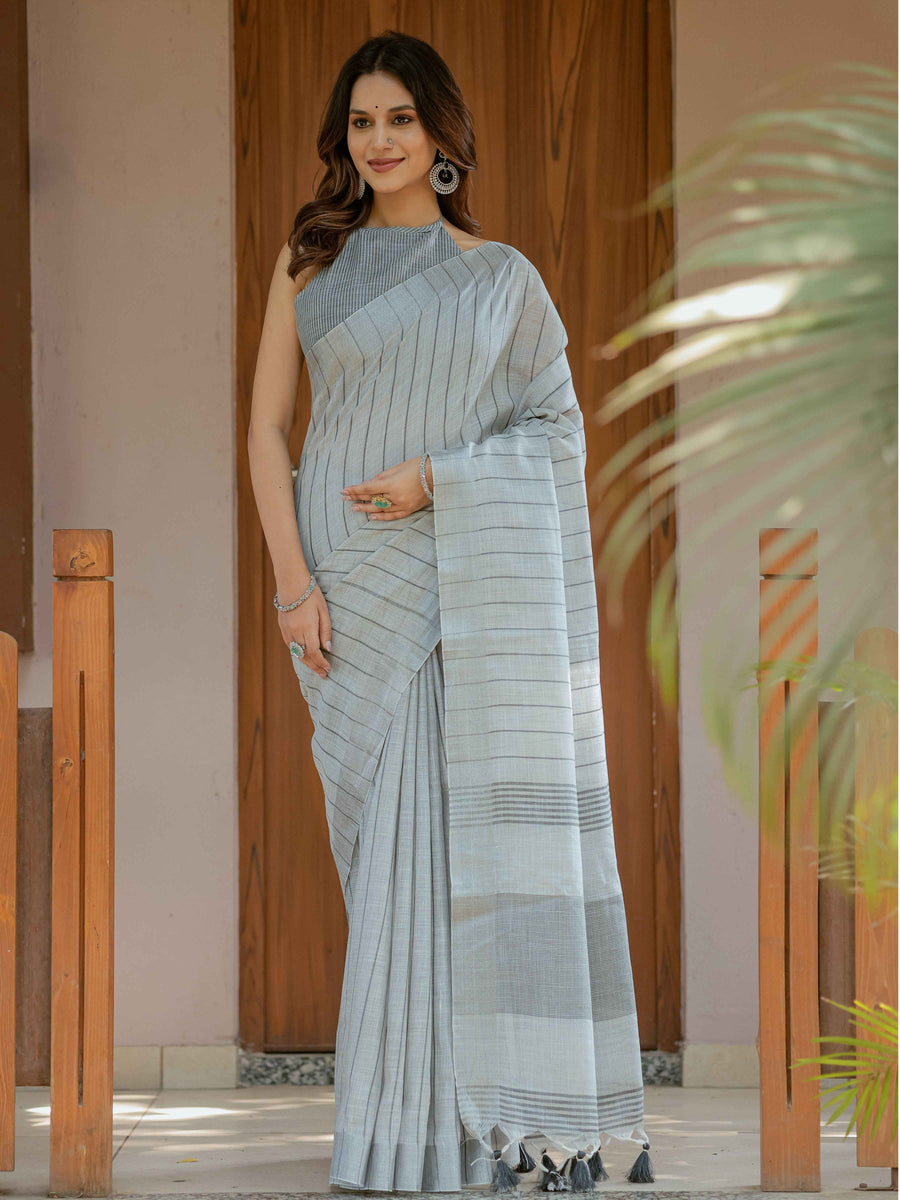 Ash Grey Handloom Cotton Saree with Minimal Striped Weaving & Tassel Detailing