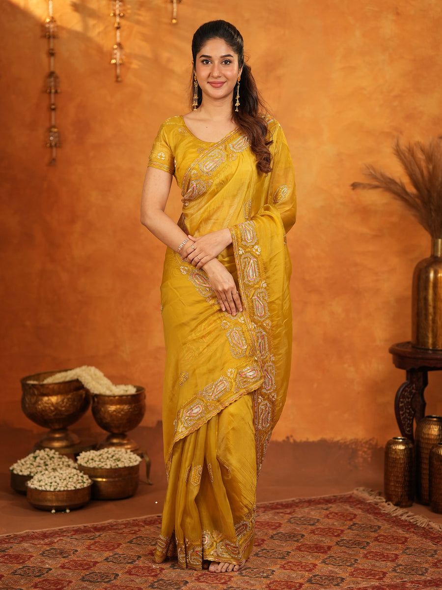 Mustard Yellow Fendy Satin Embroidered Saree with Geometric Border & Rich Designer Pallu | Festive Wedding Wear Saree with Blouse