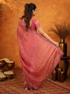 Rose Pink Fendy Satin Embroidered Saree with Geometric Border & Designer Pallu | Festive & Wedding Wear Saree with Blouse