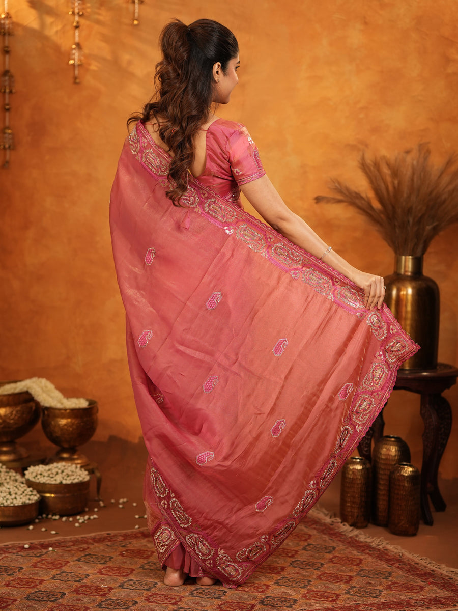 Rose Pink Fendy Satin Embroidered Saree with Geometric Border & Designer Pallu | Festive & Wedding Wear Saree with Blouse