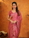 Rose Pink Fendy Satin Embroidered Saree with Geometric Border & Designer Pallu | Festive & Wedding Wear Saree with Blouse
