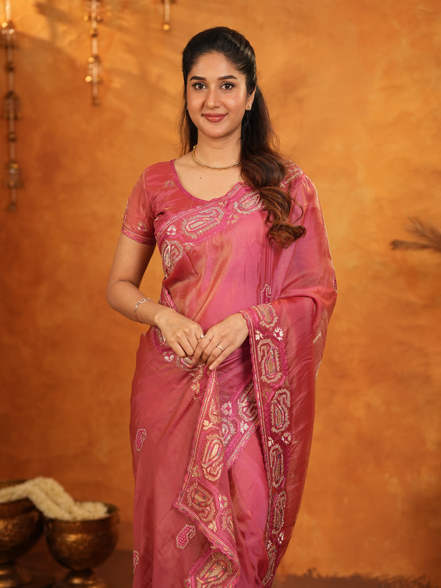 Rose Pink Fendy Satin Embroidered Saree with Geometric Border & Designer Pallu | Festive & Wedding Wear Saree with Blouse