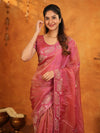 Rose Pink Fendy Satin Embroidered Saree with Geometric Border & Designer Pallu | Festive & Wedding Wear Saree with Blouse