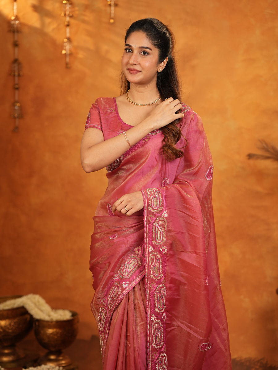 Rose Pink Fendy Satin Embroidered Saree with Geometric Border & Designer Pallu | Festive & Wedding Wear Saree with Blouse