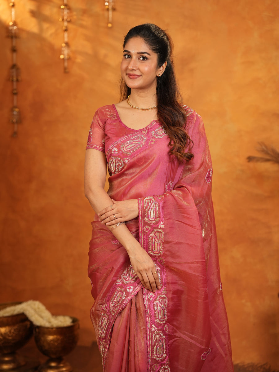 Rose Pink Fendy Satin Embroidered Saree with Geometric Border & Designer Pallu | Festive & Wedding Wear Saree with Blouse